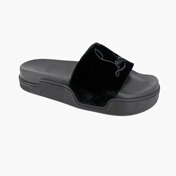 Christian Louboutin 'Navy Pool' Slide Sandals Size 37 US 7 Black Velvet Logo 25 - Picture 9 of 12